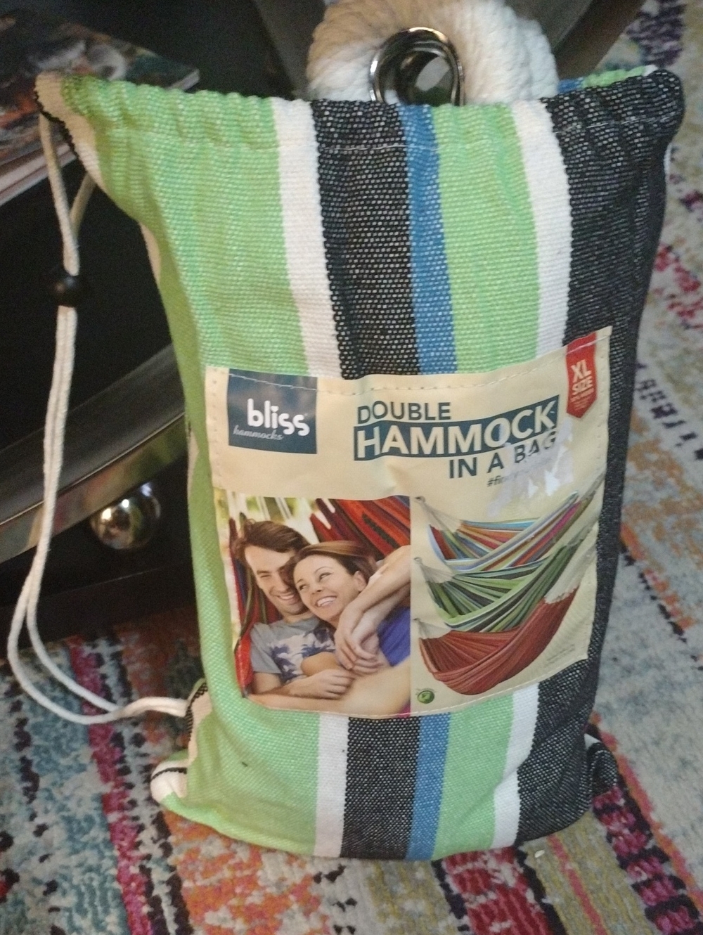 Bliss Striped Green, Blue & Black Double Hammock in Bag